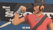 a man wearing headphones stands in front of a meet the scout sign