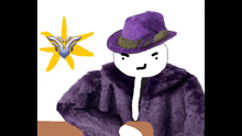 a cartoon character wearing a purple fur coat and purple hat