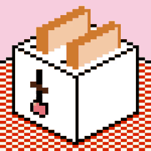 a pixel art drawing of a toaster with two slices of bread and a heart on it
