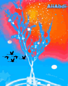a painting of birds flying around a tree with the name ali abdi written on the bottom