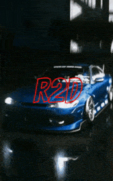 a blue car with r20 written on the back