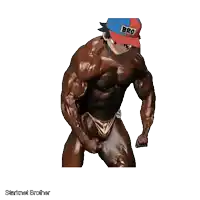 a muscular man wearing a bro hat flexes his muscles
