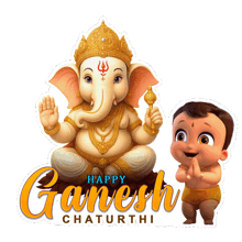 a poster for ganesh chaturthi with a baby and an elephant