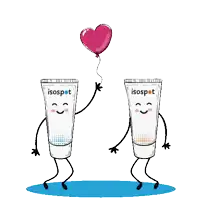 two tubes of isospot holding hands and a heart balloon