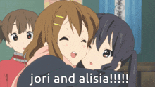 a cartoon of two girls hugging with the words jori and alisia written below them