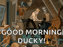 a cartoon of a man playing a piano with the words " good morning ducky " below him