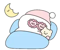 a cartoon of a teddy bear sleeping in a bed with flowers in its eyes and a crescent moon in the background .