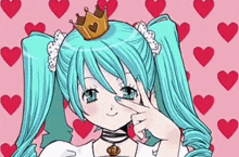 a girl with blue hair and a crown on her head is making a peace sign
