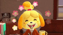 a cartoon dog is singing into a microphone with flowers flying around her
