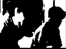 a black and white drawing of a person 's face with a square in the middle on a black background .