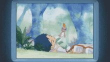 a cartoon of a boy sleeping in a forest with a small animal on his head