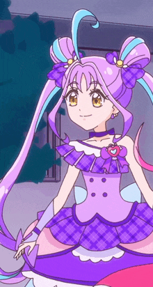 a girl with purple hair and a purple dress has a heart on her chest