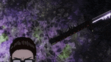 a man with glasses stands next to a sword with a purple background