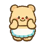 a cartoon teddy bear is wearing a blue apron and covering his eyes .