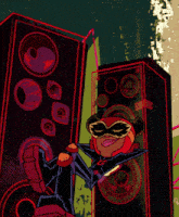 a cartoon character wearing a mask and headphones is standing in front of a pair of speakers