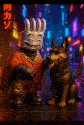 a cartoon character standing next to a dog with a sign in the background that says ' a ' on it