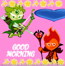 a good morning greeting card with a bow and arrow and fire cookie