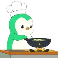 a cartoon of a penguin wearing a chef 's hat cooking on a stove