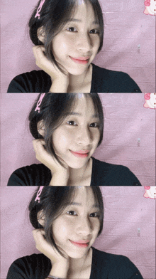three images of a girl with a hello kitty sticker on the wall