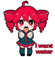 a cartoon of a girl with red hair and the words i want water