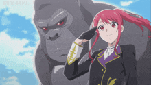 a girl with red hair salutes in front of a gorilla with the word node sama on the bottom right