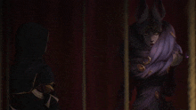 a woman in a purple and gold costume stands next to another woman