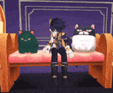 a cartoon character is sitting on a bench with two stuffed cats