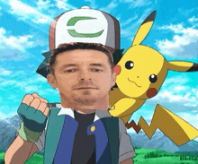 a man wearing a pokemon hat with the letter c on it