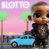 a cartoon of a baby standing in front of a blue car with the word lotto on it