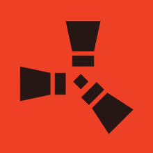 a black icon on a red background that looks like a bomb