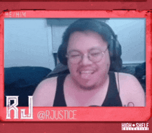 a picture of a man with headphones and the name rj on it