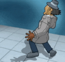 a cartoon of a man in a trench coat and hat walking