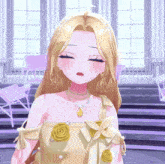 a girl with blonde hair is wearing a yellow dress with yellow flowers on it