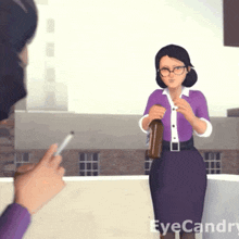 a woman in a purple shirt and a purple skirt is holding a bottle and smoking a cigarette