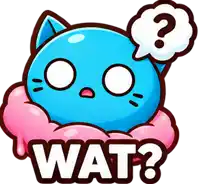a blue cat with a question mark in a thought bubble and the word wat