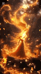 a woman in a red dress is surrounded by fire and flames .