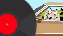 a cartoon character is driving a car next to a record player