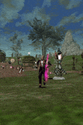 a video game scene with a man holding a pink object
