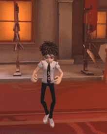 a cartoon character is dancing on a red carpet in a room