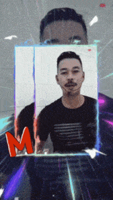 a picture of a man with the letter m in the corner