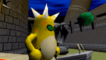a yellow cartoon character with green eyes is standing in front of a podium