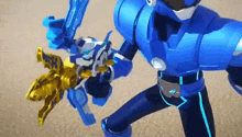 a blue robot is holding a sword and a gold sword in his hand .