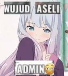 a girl with white hair and blue eyes is holding a book and a sign that says admin .