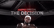 a man is holding a basketball in front of a sign that says the decision .