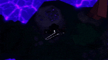 a person holding a chainsaw in a dark room with purple lights