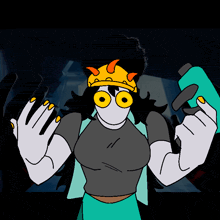 a cartoon character with horns on her head is holding a blue bottle