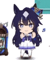 a cute anime girl with long purple hair is standing next to a jukebox and a music box .