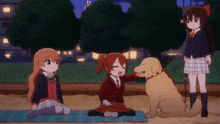 a group of anime girls petting a dog in a park