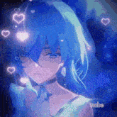 a close up of a blue haired anime girl with hearts surrounding her .