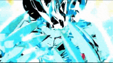 a painting of a person flying through the air with a blue background